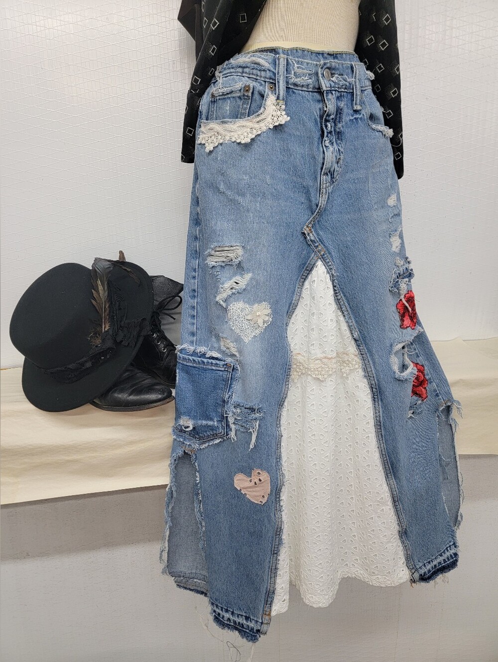 Upcycled Levi's Maxi Skirt - Shabby Chic Cottage Grunge Vamp